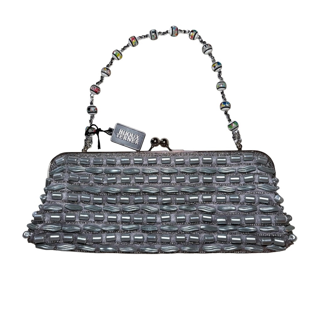NWT Bijoux Terner Silver Beaded Clutch Purse – Satin Evening Bag w/ Kiss Lock